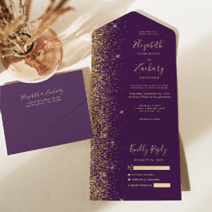 Modern Dark Purple Gold Glitter Wedding All In One Invitation
