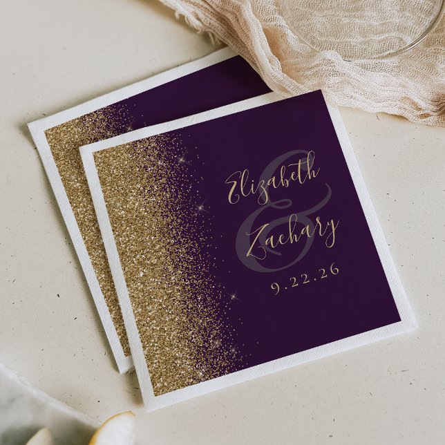 Modern Dark Purple Gold Glitter Wedding Napkin (Creator Uploaded)
