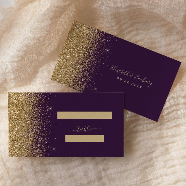 Modern Dark Purple Gold Glitter Wedding Place Card (Creator Uploaded)