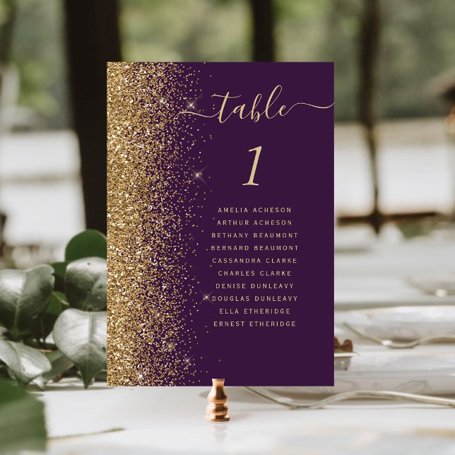 Modern Dark Purple Gold Glitter Wedding Table Number (Creator Uploaded)