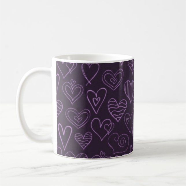 Modern Dark Purple Hearts Pattern Coffee Mug (Left)