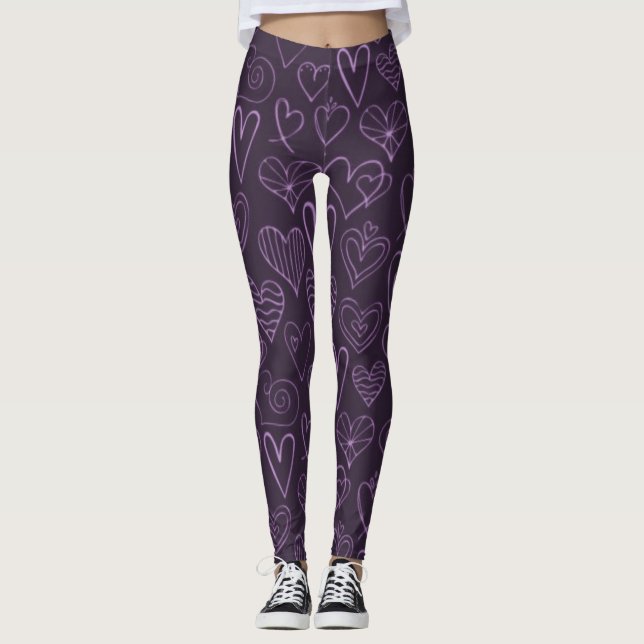 Modern Dark Purple Hearts Pattern Leggings (Front)