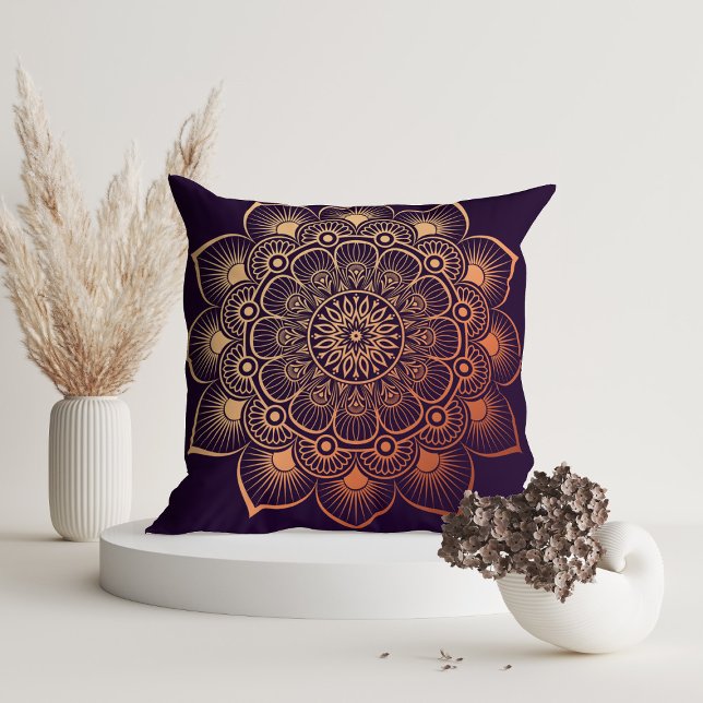 Modern Dark Purple Peach Mandala Cushion (Modern Dark Purple Peach Mandala Throw Pillow in a white room with dry flowers.)
