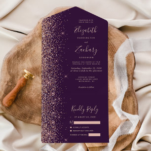 Modern Dark Purple Rose Gold Glitter Wedding All In One Invitation