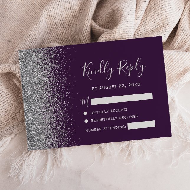 Modern Dark Purple Silver Faux Glitter Edge RSVP Card (Creator Uploaded)