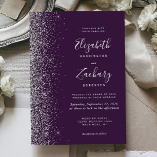 Modern Dark Purple Silver Glitter Edge Wedding