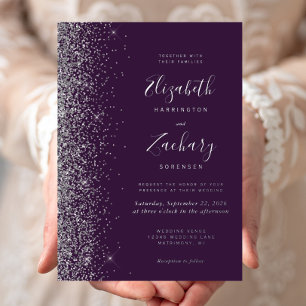 Modern Dark Purple Silver Glitter Edge Wedding