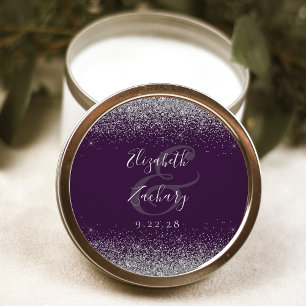 Modern Dark Purple Silver Glitter Edge Wedding Classic Round Sticker