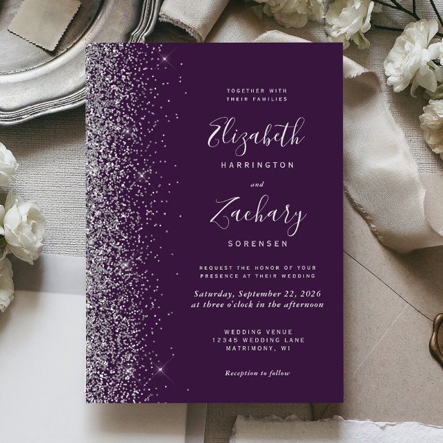 Modern Dark Purple Silver Glitter Edge Wedding Invitation (The perfect choice for a purple and silver themed wedding.)