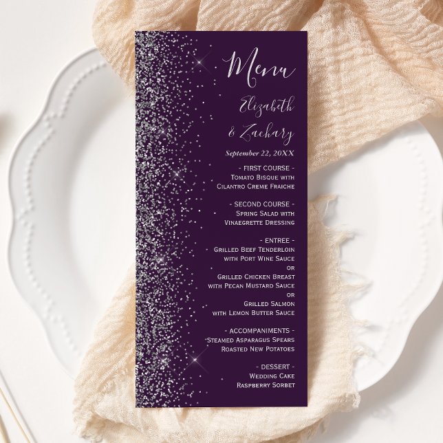 Modern Dark Purple Silver Glitter Edge Wedding Menu (Creator Uploaded)