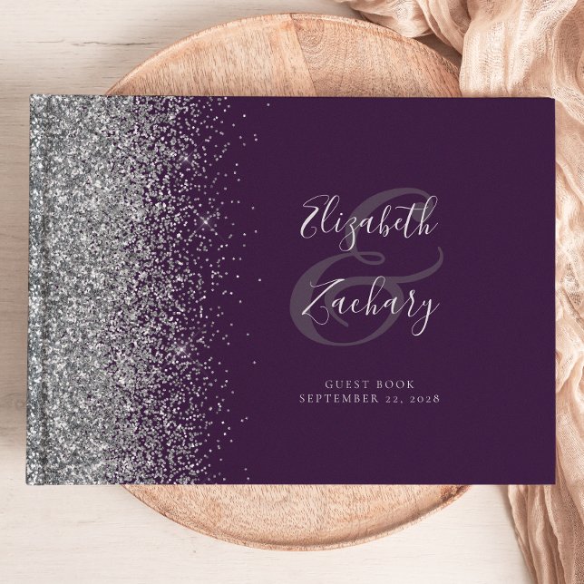 Modern Dark Purple Silver Glitter Script Guest Book (Creator Uploaded)