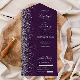 Modern Dark Purple Silver Glitter Wedding All In One Invitation