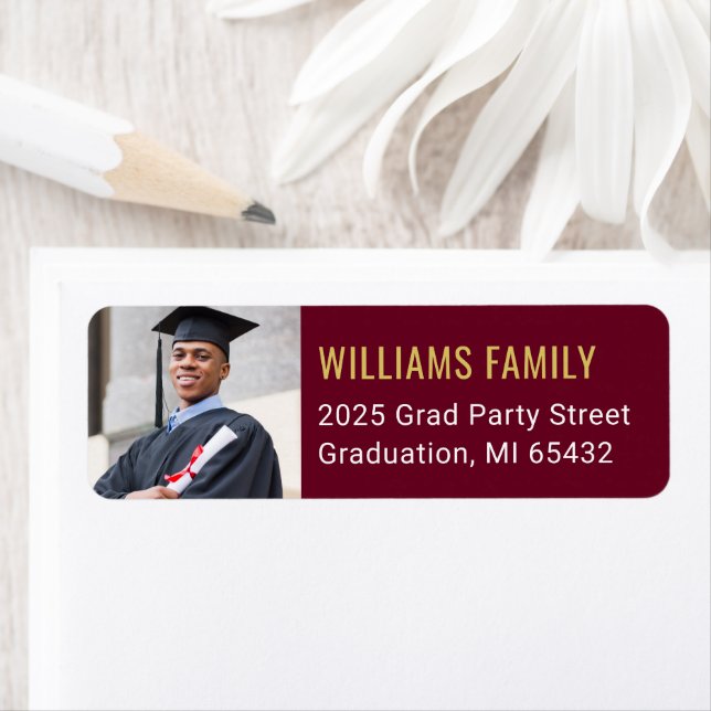 Modern Dark Red Graduation Photo Return Address (Insitu)