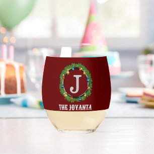 Modern dark red grey monogram stemless wine glass