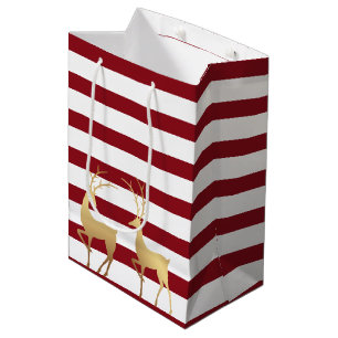 Modern Dark Red Stripes Gold Deer Medium Gift Bag