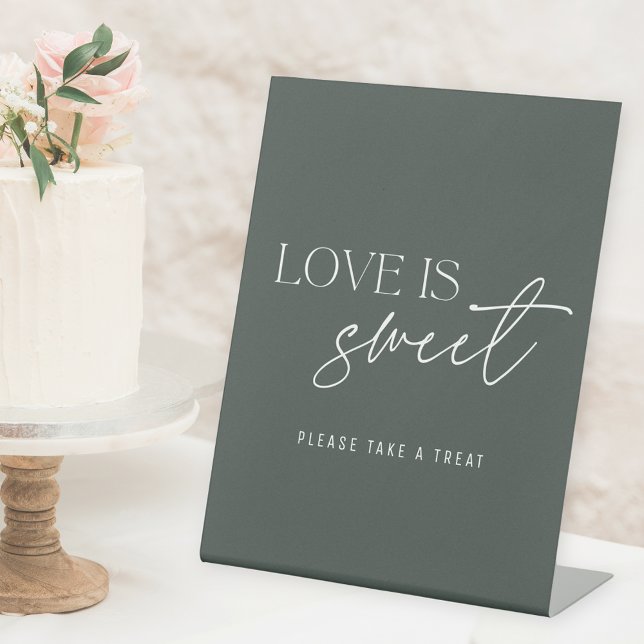 Modern Dark Sage Green Love is Sweet Wedding Table Pedestal Sign (Creator Uploaded)