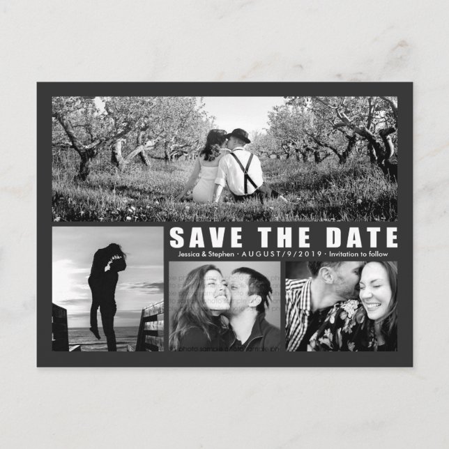 Modern Dark Save The Date 4 Photo Collage Postcard (Front)