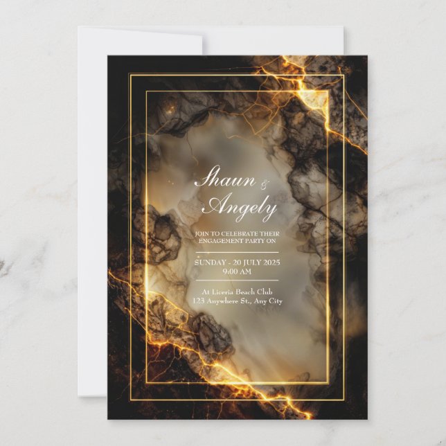 Modern Dark Slate Molten Gilded Kintsugi Wedding Invitation (Front)