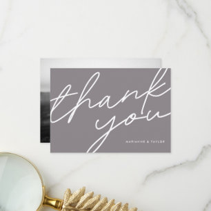 Modern Dark Taupe Calligraphy Wedding Photo Thank You Card