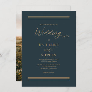 Modern Dark Teal  Antique Gold Minimalist Wedding Invitation