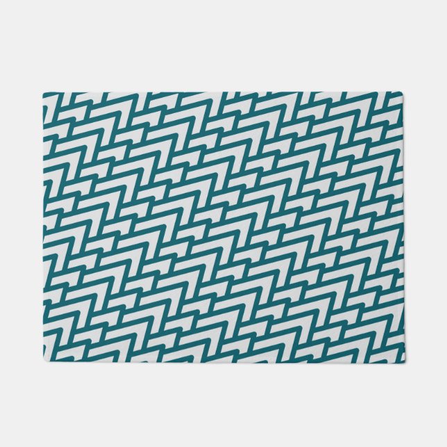 Modern Dark Teal Geometric Pattern on Light Grey Doormat (Front)
