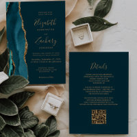 Modern Dark Teal Gold Agate QR Code Wedding