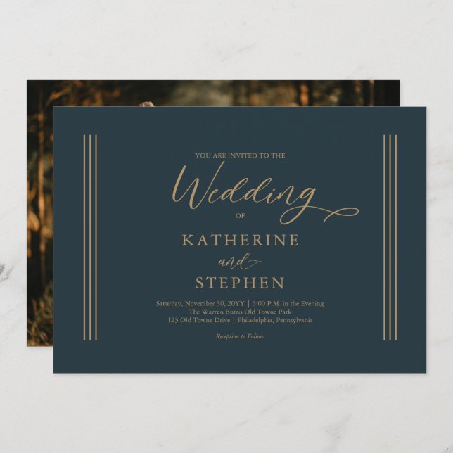 Modern Dark Teal Minimalist Wedding Invitation (Front/Back)