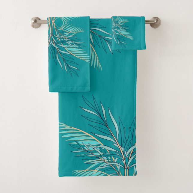 Modern Dark Teal Palm Leaves Beach Bathroom Bath Towel Set (Insitu)
