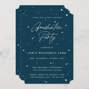 Modern Dark Teal Script and Stars Graduation Party Invitation