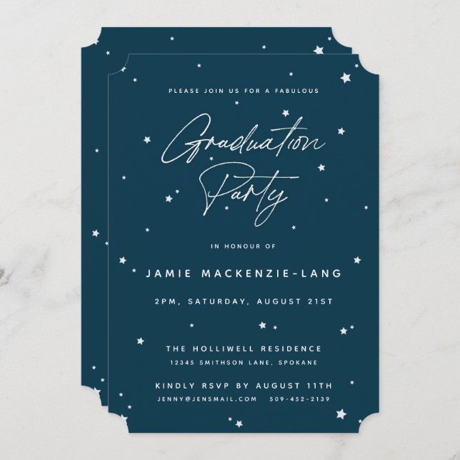 Modern Dark Teal Script and Stars Graduation Party Invitation (Front/Back)
