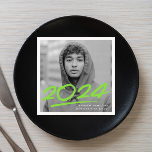 Modern Dashed 2025 Lime Green Photo Graduation Napkin