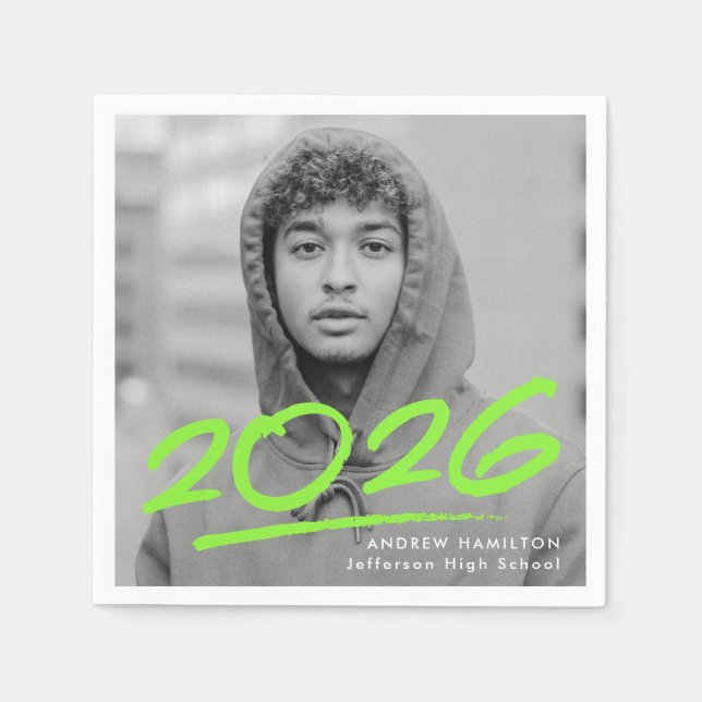 Modern Dashed 2025 Lime Green Photo Graduation Napkin (Front)