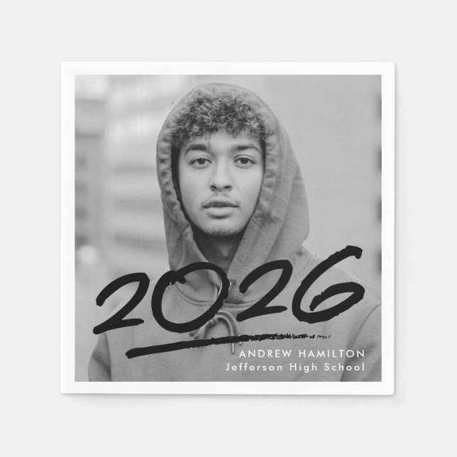 Modern Dashed 2026 Black Photo Graduation Napkins (Front)