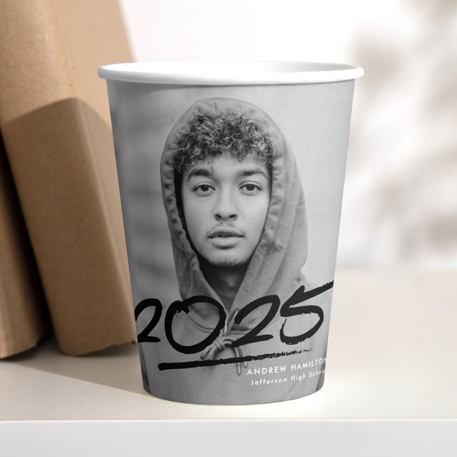 Modern Dashed Black 2025 Photo Graduation Paper Cups (Creator Uploaded)
