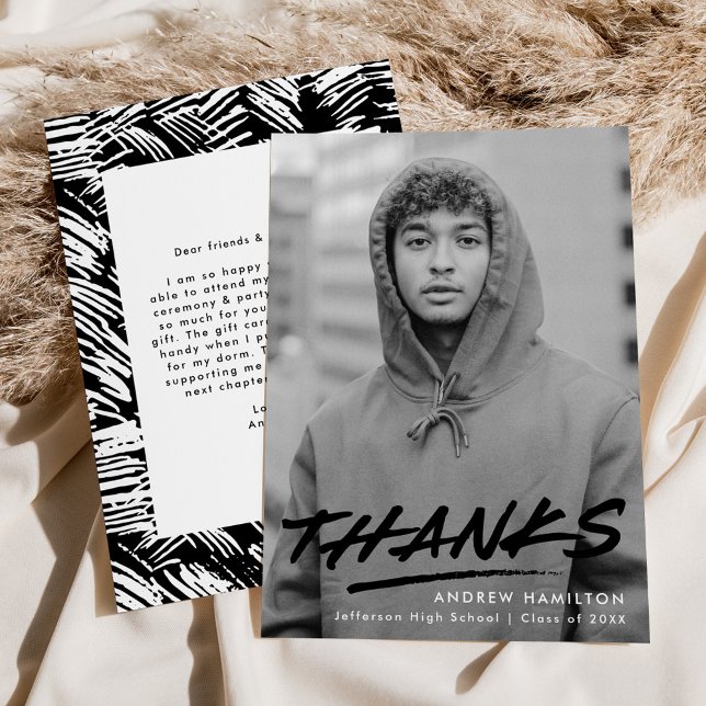 Modern Dashed Black Photo Graduation Thank You Card (Creator Uploaded)
