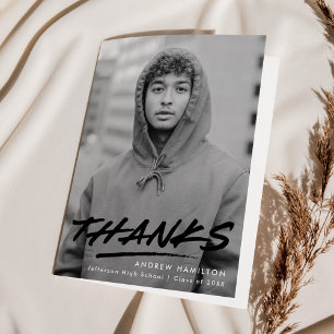 Modern Dashed Black Photo Graduation Thank You Card