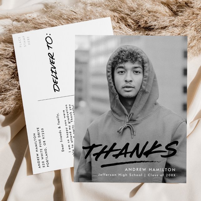 Modern Dashed Black Photo Graduation Thank You Postcard (Creator Uploaded)