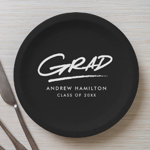 Modern Dashed Grad Black and White Graduation Paper Plate