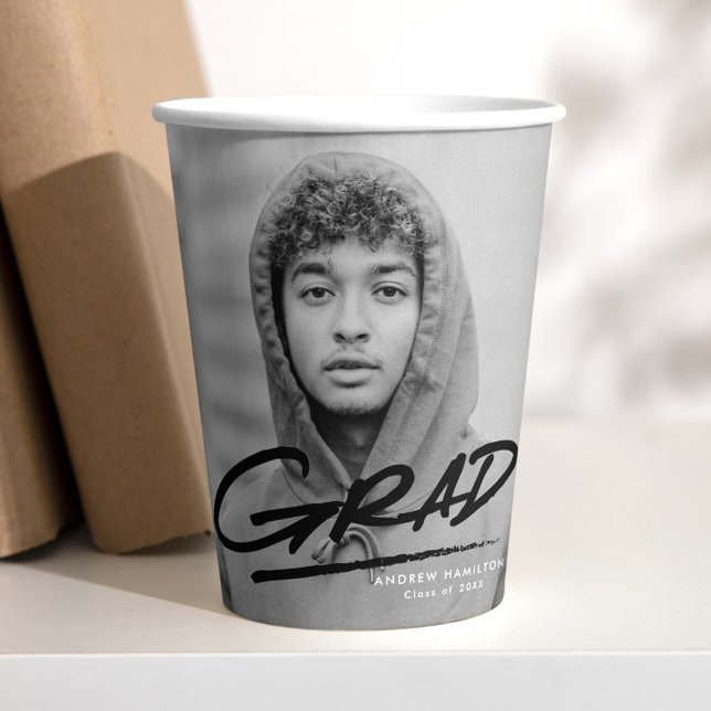 Modern Dashed Grad Black Photo Graduation Paper Cups (Creator Uploaded)