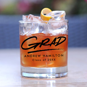 Modern Dashed Grad Black Typography Graduation Whiskey Glass