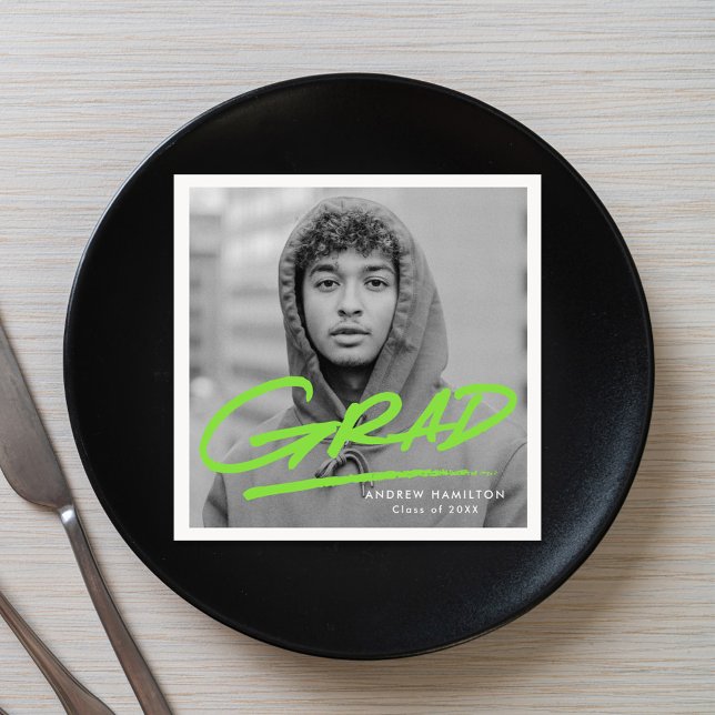 Modern Dashed Grad Lime Green Photo Graduation Napkin (Creator Uploaded)