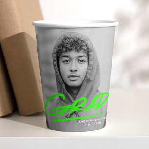 Modern Dashed Grad Lime Green Photo Graduation Paper Cups
