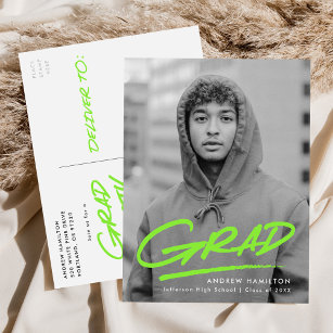Modern Dashed Grad Lime Photo Graduation Party Invitation Postcard
