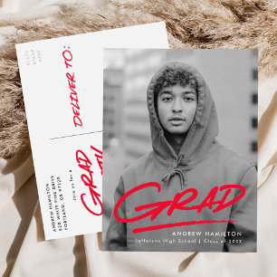 Modern Dashed Grad Red Photo Graduation Party Invitation Postcard