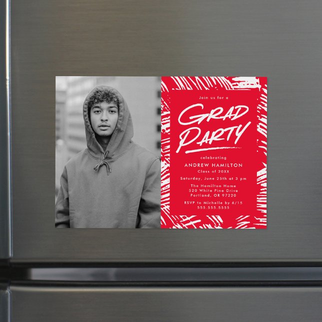 Modern Dashed Grad Red Photo Graduation Party Magnetic Invitation (Creator Uploaded)