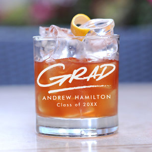 Modern Dashed Grad White Typography Graduation Whiskey Glass