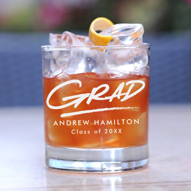 Modern Dashed Grad White Typography Graduation Whiskey Glass (Creator Uploaded)