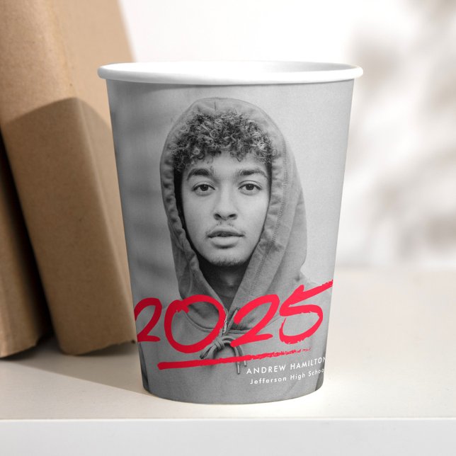 Modern Dashed Red 2025 Photo Graduation Paper Cups (Creator Uploaded)