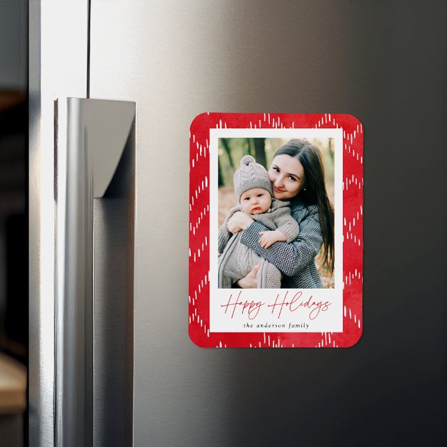 Modern Dashed Red Watercolor Holiday Photo Magnet (Creator Uploaded)