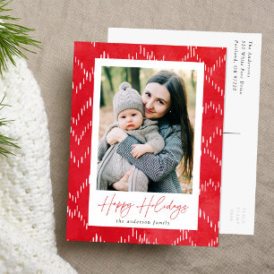Modern Dashed Red Watercolor Photo Holiday Postcard